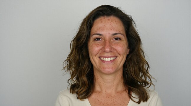 Woman with melasma, uneven skin tone smiling at camera against neutral grey background. Portrait shows facial hyperpigmentation spots. Mature female with sun damage, freckles, blemish, dark patches,