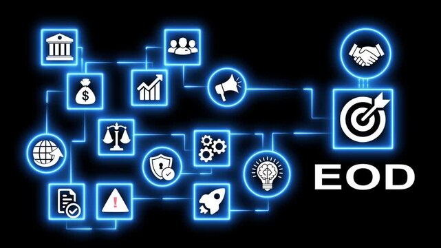 Neon blue digital interface business technology infographic displaying EOD concepts with interconnected icons.