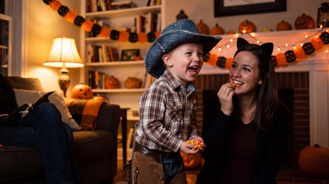 Cowboy toddler and black cat mother enjoy candy corn in warmly lit living room during Halloween family fun