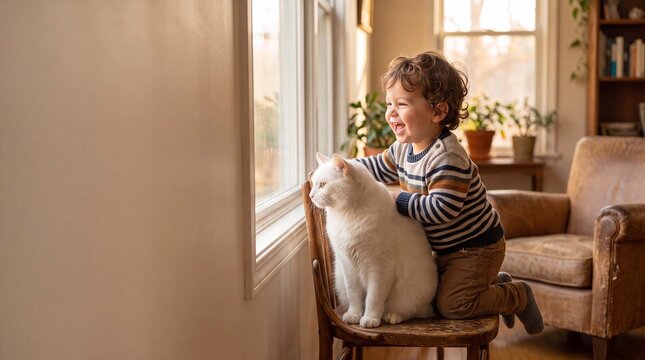 A thoughtful diverse toddler boy and a white cat gaze together out a bright living room window for peaceful pet ads