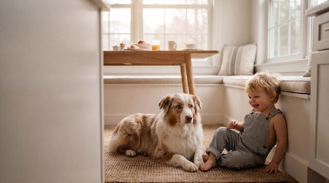 A giggling Caucasian toddler boy relaxes with a gentle Australian shepherd dog in a bright kitchen nook for pet lifestyle ads