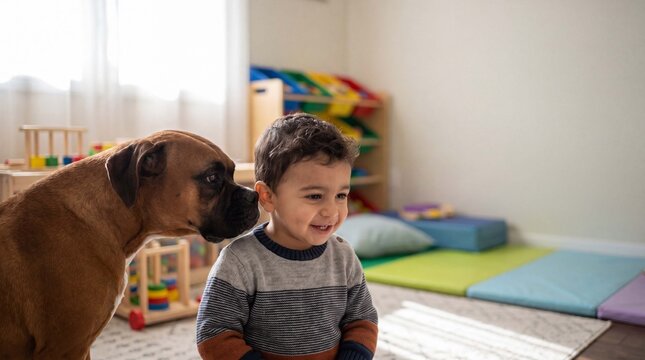 A happy Middle Eastern toddler boy plays calmly with a patient boxer dog in a colorful playroom for warm family pet marketing