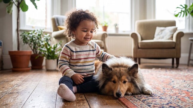 A delighted mixed-race toddler girl rests with a sweet Shetland sheepdog in a bright sunroom for National Dog Day lifestyle visuals