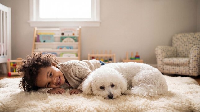 A joyful African American toddler girl snuggles a fluffy bichon frise dog on a soft bedroom rug for National Dog Day campaigns