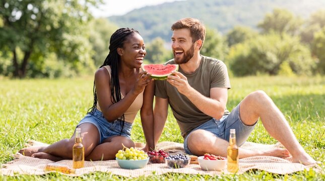 Young friends laugh while eating fruit at a sunny meadow picnic for friendship promotional marketing