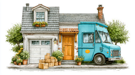 Obraz premium Cozy house with wooden door and garage next to blue delivery truck surrounded by green plants and stacked cardboard boxes on sidewalk