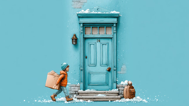 Child in winter clothes carrying box approaches blue door with snow on steps, evoking cozy and chilly atmosphere