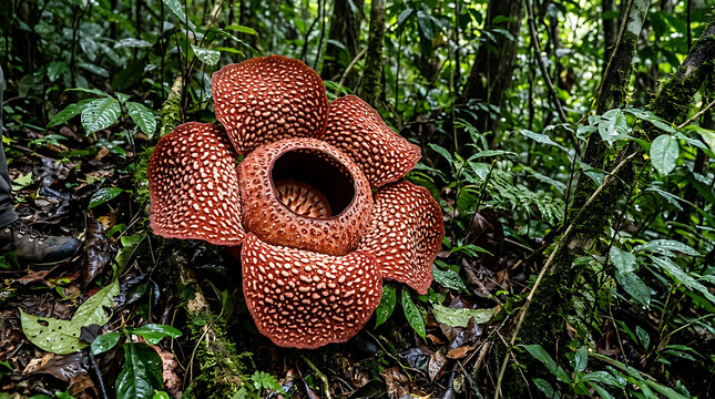 Rafflesia flower blooming in tropical rainforest.