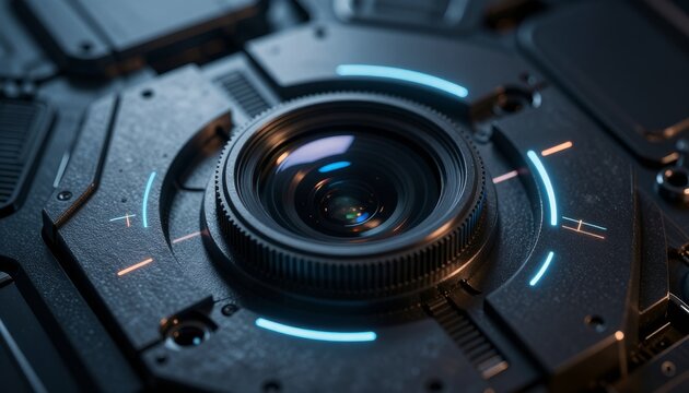 Futuristic Camera Lens Mechanism with Digital Light Indicators