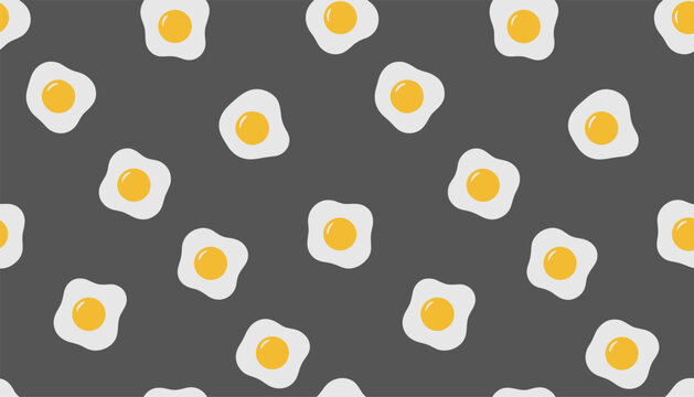 Seamless repeating pattern of delicious sunny-side-up fried eggs scattered across a dark charcoal grey background.