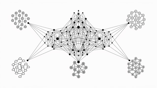 Centralized network structure with diverse clusters radiating outwards symbolizing interconnected concepts and data