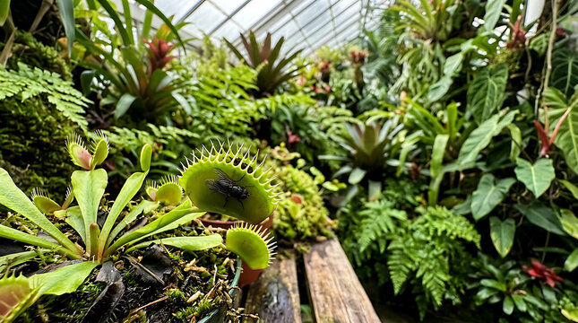 Venus flytrap and tropical plants in greenhouse.