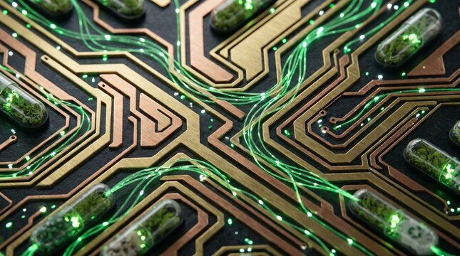 Macro view of bio-digital hybrid circuit board with green neon fiber optics