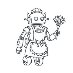 Fototapeta premium Cute robot in apron holding brush.