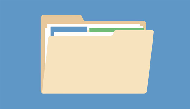 Flat design manila paper file folder icon with colorful documents inside, set against a solid dark blue background.