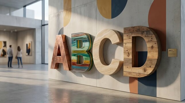 Large 3D Letters ABCD Made of Different Materials Installed on Gallery Wall