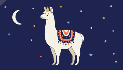 Fototapeta premium Cute white llama with a gold crown and saddle blanket looking at the crescent moon in a starry night sky.