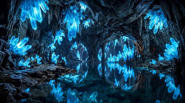 Enchanting Underground Cavern Featuring Glowing Blue Crystals Reflecting in a Still Subterranean Lake