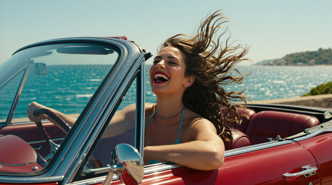 Young woman laughs with wind in hair driving classic red convertible by ocean. She enjoys summer road trip freedom and sunny day adventure. Fun joyful travel on coastal highway with blue sea.