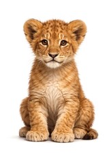 Obraz premium Adorable lion cub sitting against a white background, looking curious.