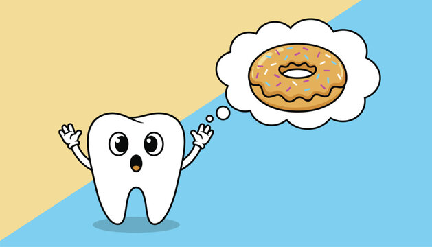 Cute cartoon tooth worried about eating a sugary glazed donut with sprinkles on a diagonal color background.
