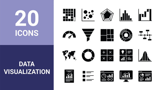 Data visualization icons display various statistical analysis methods including scatter plots, heat maps, funnel diagrams, and pie charts for complex information synthesis and reporting.