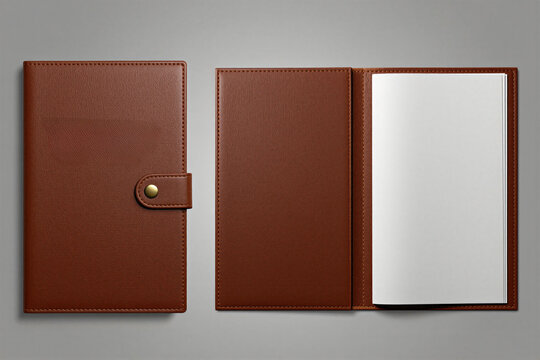 Brown leather restaurant menu folder mockup isolated on gray background. Open, closed booklet template with blank paper page for cafe branding design. Top view 3d render of luxury dining list cover.