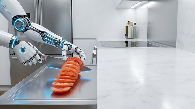 Advanced culinary robot preparing fresh tomatoes in a contemporary kitchen featuring cutting edge appliances and a stylish design aesthetic