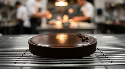 Obraz premium Mouthwatering chocolate cake resting on a cooling rack with chefs busily crafting pastries and desserts for patrons in an upscale restaurant kitchen