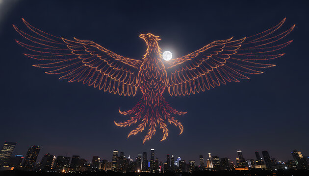 A magnificent firebird lights up the night sky with a full moon casting a beautiful glow over the city skyline creating a breathtaking visual experience