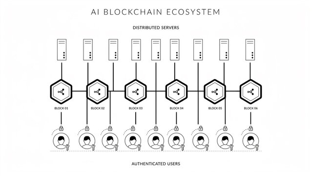AI blockchain ecosystem diagram with distributed servers and authenticated users artificial intelligence