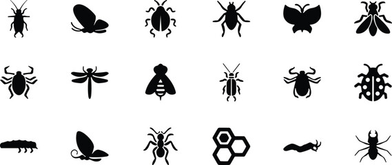 Insects and Bugs Silhouette Icon Set Featuring Butterfly Dragonfly Bee Honeycomb Ant Cockroach Beetle Ladybug Spider and Caterpillar Symbols for Vector Design © Ashik 