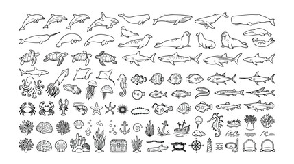 手描き風の海の生き物と水中要素の巨大なコレクション、クジラ、イルカ、サメ、魚、タコ、カニ、サンゴ、貝殻を含む100点以上の白黒ベクターイラストセット、海洋生物学や水族館デザインに最適 © Aralan
