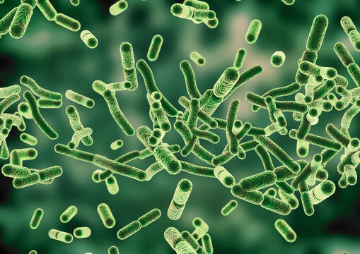 High detail Agrobacterium tumefaciens bacteria suspended in a microscopic environment. Scientific background for biotechnology, microbiology, plant pathology, genetic engineering, agriculture.