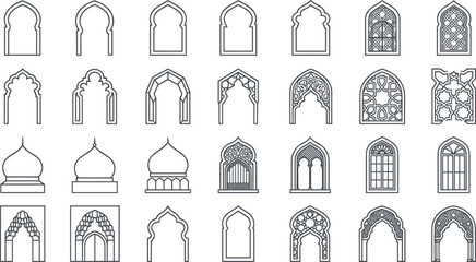 Islamic Arch and Window Icon Set with Traditional Oriental Frames, Mosque Domes, Arabic Doorways, Geometric Lattice Patterns, and Moroccan Line Art Vectors © Morjina