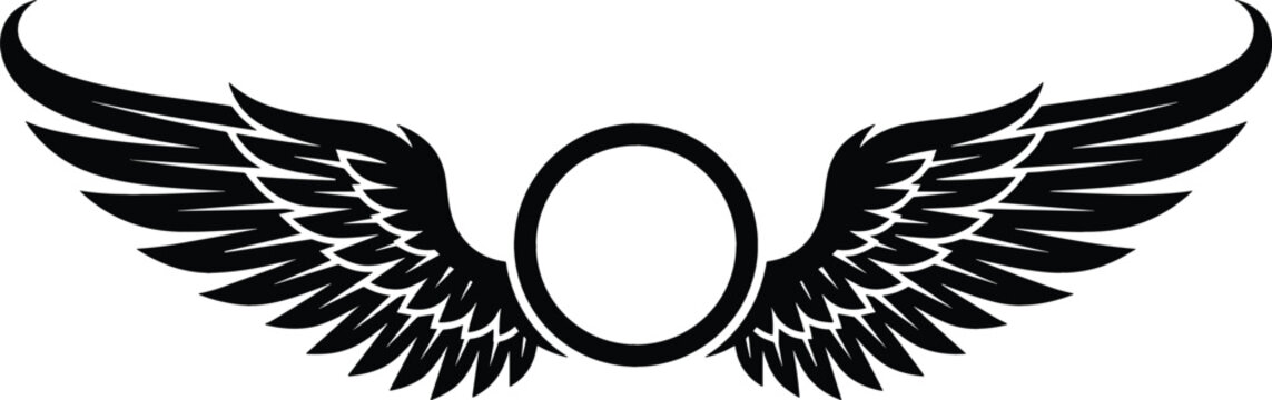 Spreading Eagle Wings Silhouette Icon with Central Blank Circle Frame for Insignia Emblem Tattoo Automotive Club and Aviation Logo Vector Design