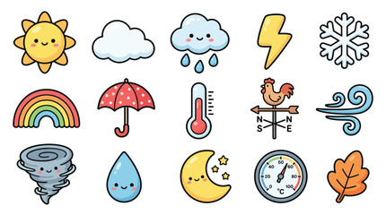 Obraz premium Cute Kawaii Weather Icons Collection Featuring Sun, Clouds, Rain, Snow, Rainbow, and More.