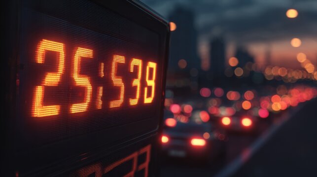 Digital Countdown Timer Displaying Time of Day Against a Blurred Cityscape Background During Dusk with Traffic Lights and Car Headlights