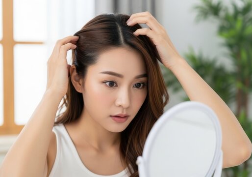 Young asian woman checking her hair in a mirror at home