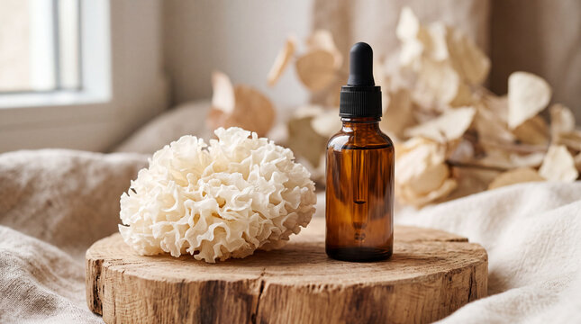 Tremella mushroom extract skin care concept. Amber dropper bottle with natural face serum on a round wooden podium near snow fungus and beige linen fabric.