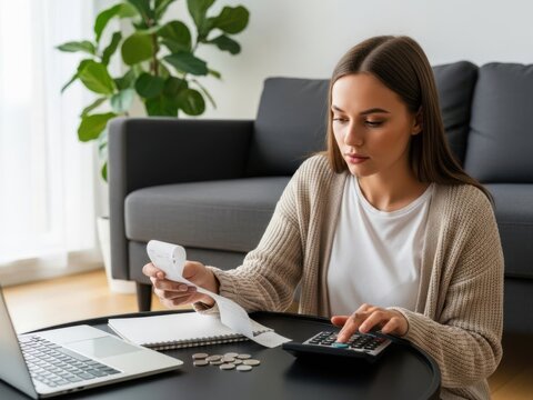 Young woman sitting at home using a calculator and checking receipts for personal finance planning