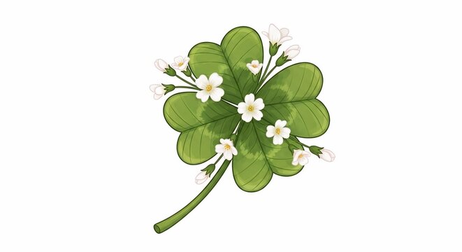Lucky Four-Leaf Clover with Delicate White Blossoms - Vibrant Green Botanical Art
