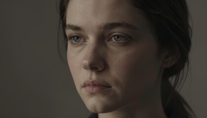 Fototapeta premium Serious Young Woman with Pensive Expression in Soft Studio Lighting