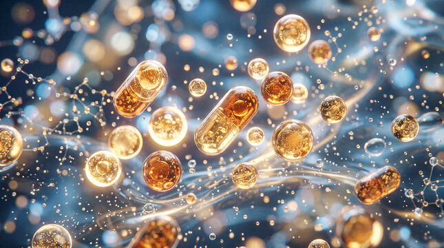 Bifida ferment lysate skin care concept. Golden probiotic capsules and liquid molecular bubbles floating in water for anti aging cosmetic serum or supplement.