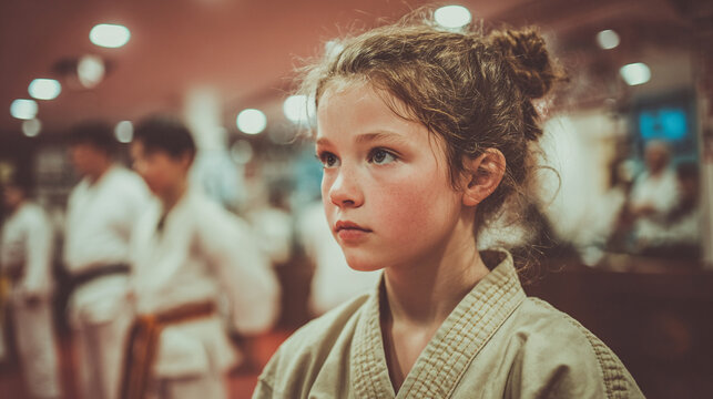 Young girl practicing martial arts in a training studio with a focused and determined expression