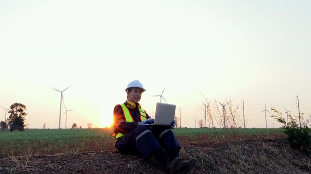 Lone engineer analyzes wind turbine performance atop hillside during vibrant sunset while operating laptop equipment for remote monitoring and data assessment.