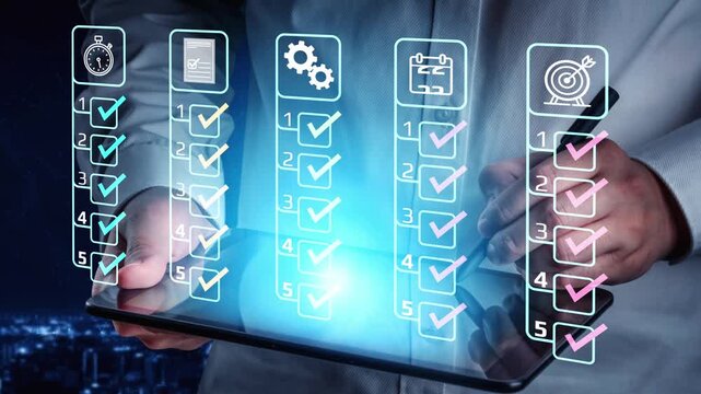 Businessman using tablet to track progress with checklists and icons, highlighting task completion and productivity in a modern office setting. Entropy.