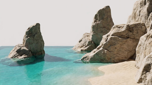 A serene summer getaway backdrop featuring jagged coastal rock formations rising from crystalline turquoise ocean waters against a bright sandy beach shoreline.