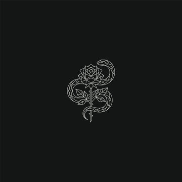 Geometric Snake and Rose Minimalist Line Art Illustration