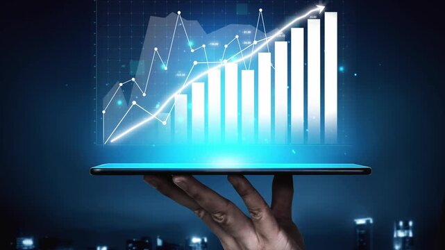 A hand presents a tablet showing a dynamic financial growth chart. This image symbolizes success and modern business strategy in a digital urban environment, emphasizing data-driven decisions. Copula